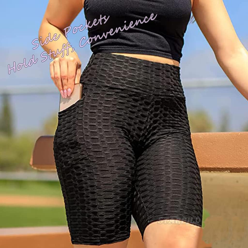 Workout Booty Shorts for Women High Waisted Butt Lifting Biker Shorts with Pockets Textured Scrunch Yoga Shorts Black Medium