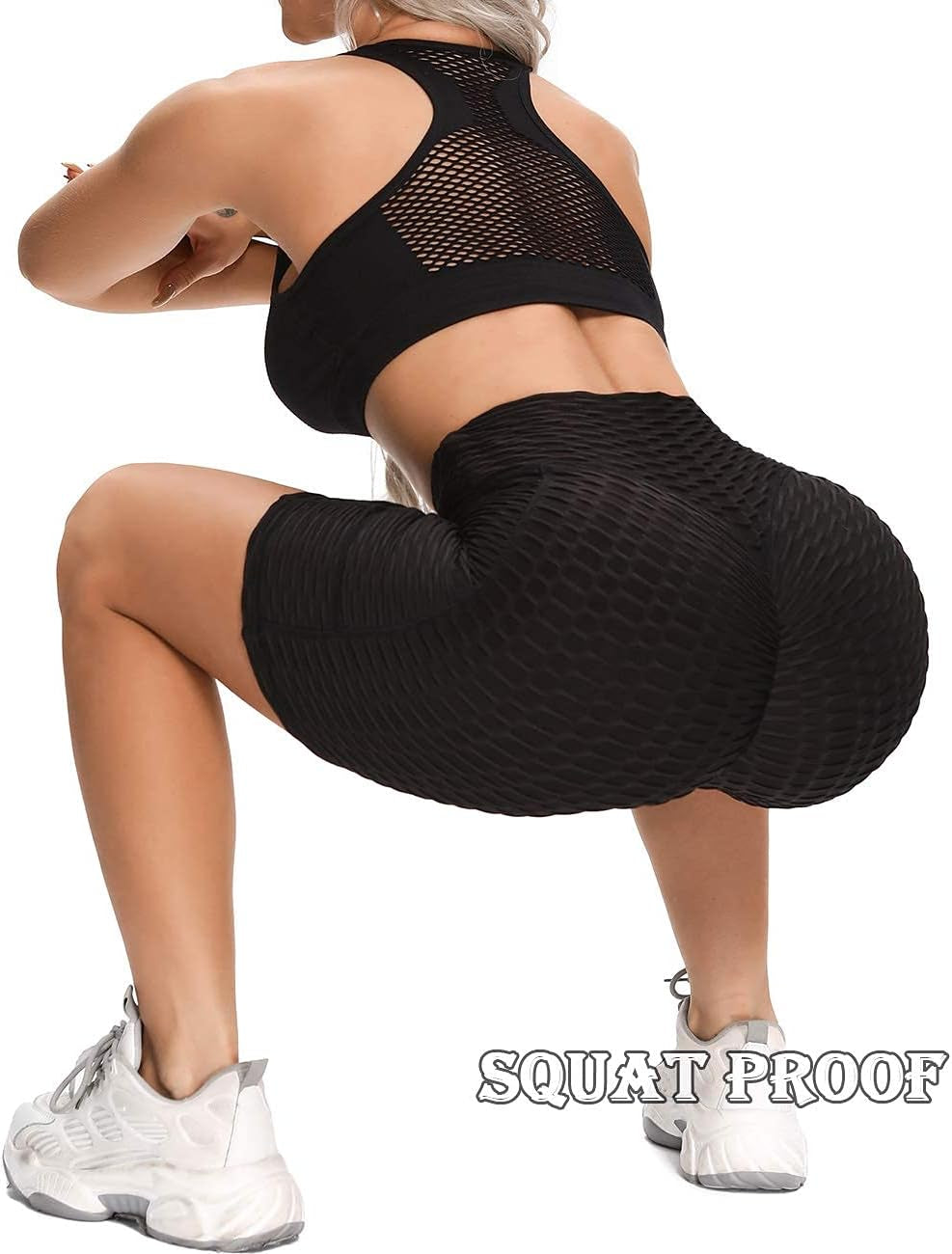 Workout Booty Shorts for Women High Waisted Butt Lifting Biker Shorts with Pockets Textured Scrunch Yoga Shorts Black Medium