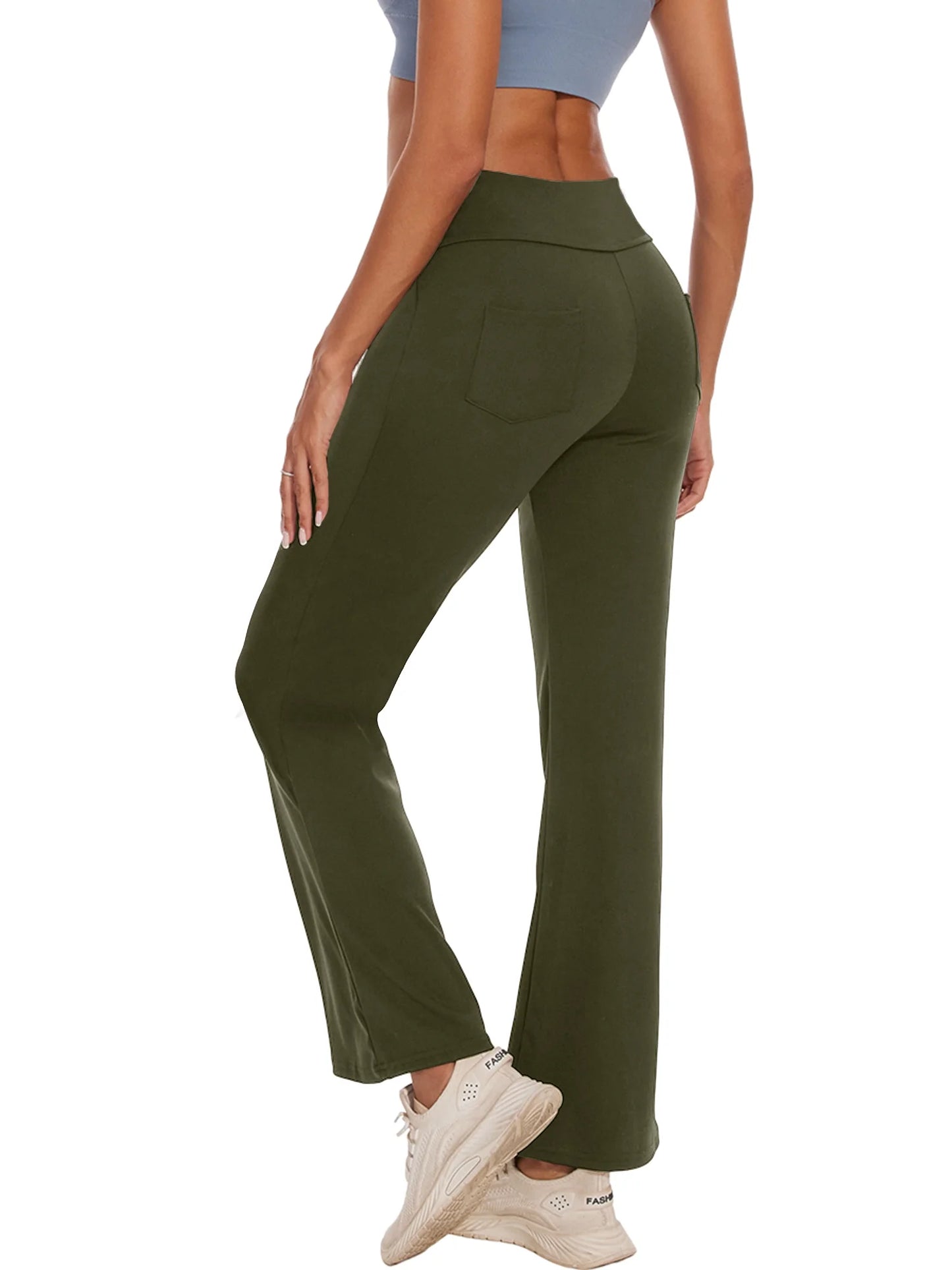 Women Bootcut Yoga Pants with Pockets Female High Waist Bootleg Trousers Workout Activewear Green M