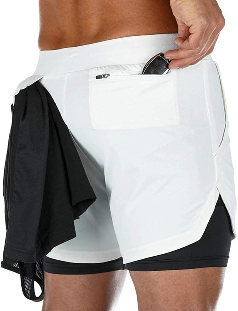 Men'S 2-In-1 Running Workout Shorts Gym Training Athletic Short Pants with Towel Loop