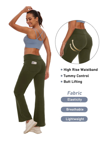 Women Bootcut Yoga Pants with Pockets Female High Waist Bootleg Trousers Workout Activewear Green M