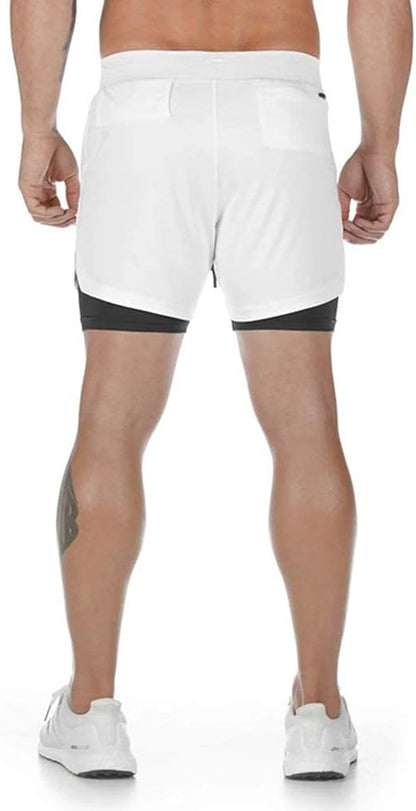 Men'S 2-In-1 Running Workout Shorts Gym Training Athletic Short Pants with Towel Loop