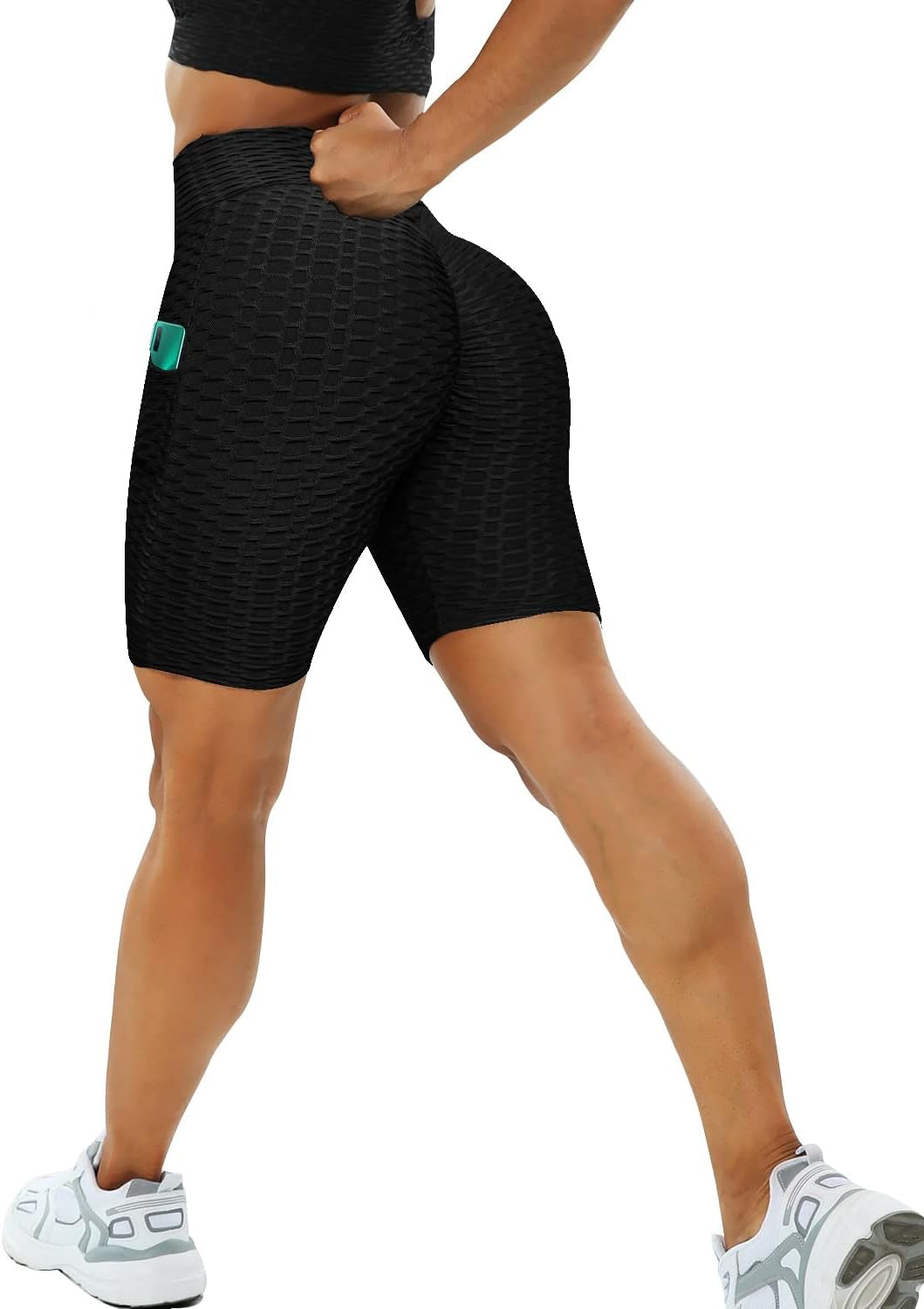 Workout Booty Shorts for Women High Waisted Butt Lifting Biker Shorts with Pockets Textured Scrunch Yoga Shorts Black Medium