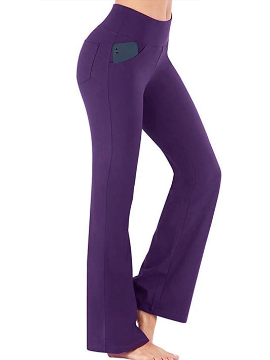 Women Bootcut Yoga Pants with Pockets Female High Waist Bootleg Trousers Workout Activewear Purple L