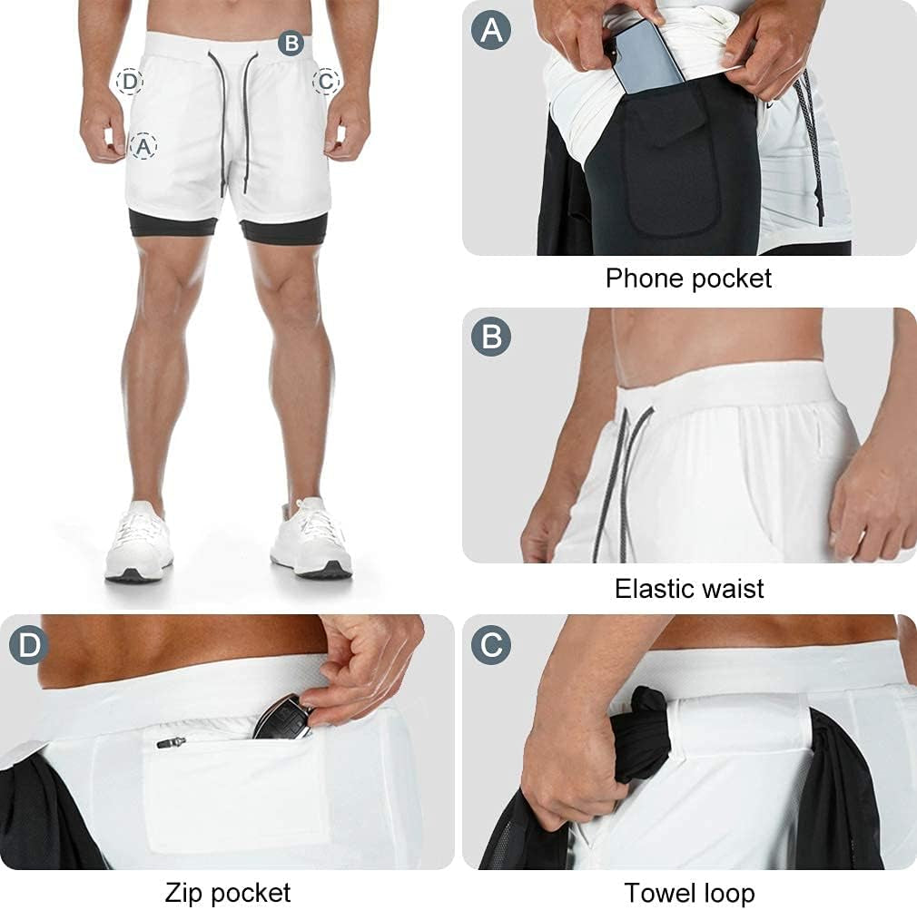 Men'S 2-In-1 Running Workout Shorts Gym Training Athletic Short Pants with Towel Loop