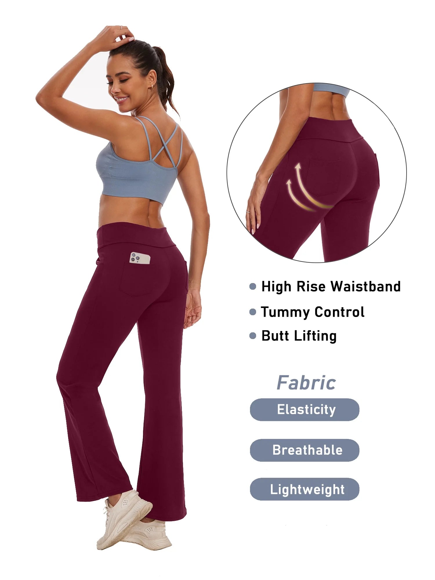 Women Bootcut Yoga Pants with Pockets Female High Waist Bootleg Trousers Workout Activewear Dark Red L