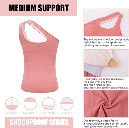 One Shoulder Tops for Women, Workout Tank Top with Built in Sports Bra Yoga Athletic Shirts Compression Running