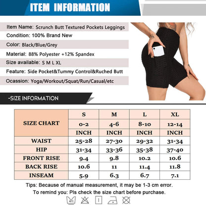 Workout Booty Shorts for Women High Waisted Butt Lifting Biker Shorts with Pockets Textured Scrunch Yoga Shorts Black Medium