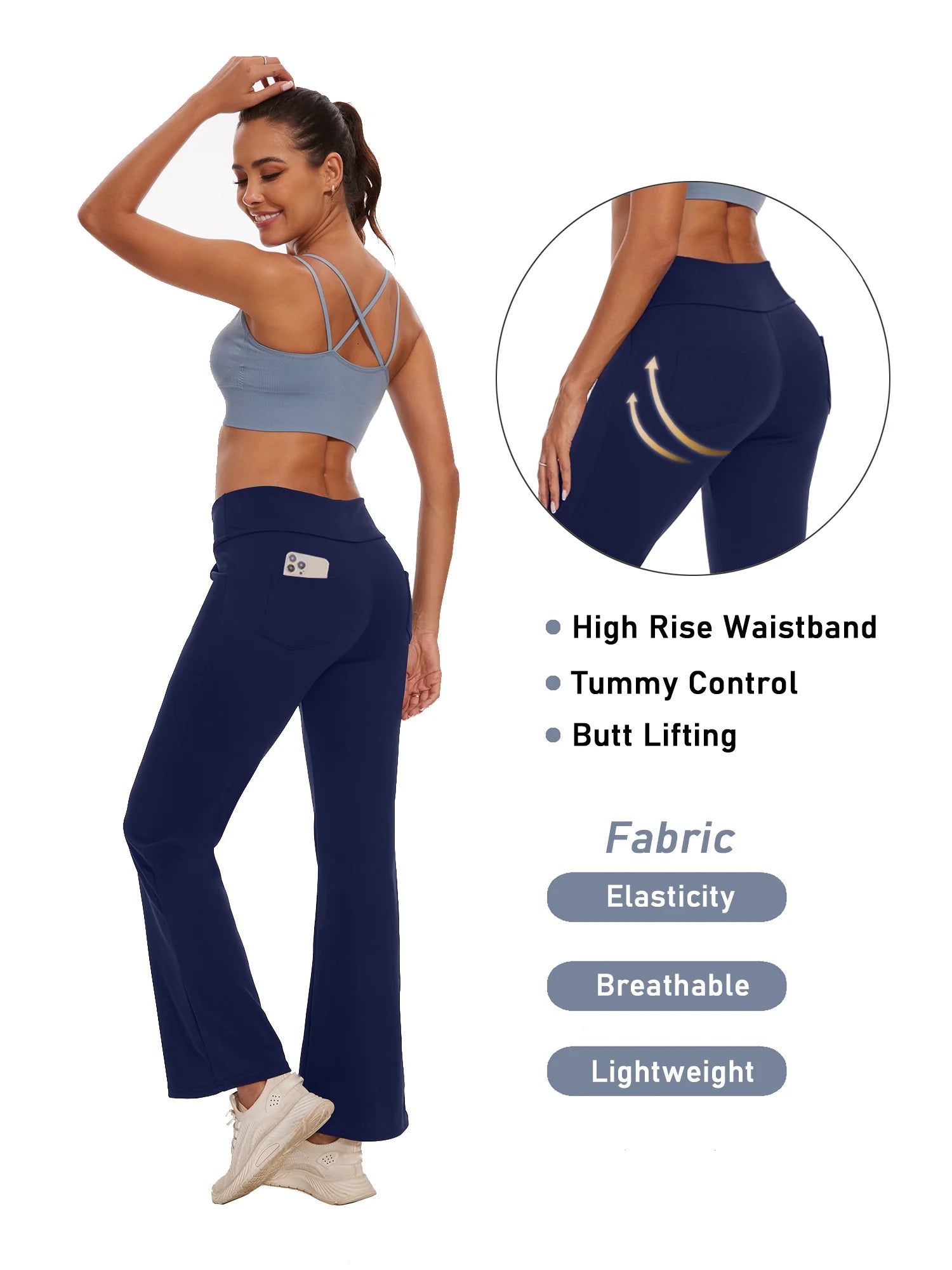 Women Bootcut Yoga Pants with Pockets Female High Waist Bootleg Trousers Workout Activewear Navy Blue XL