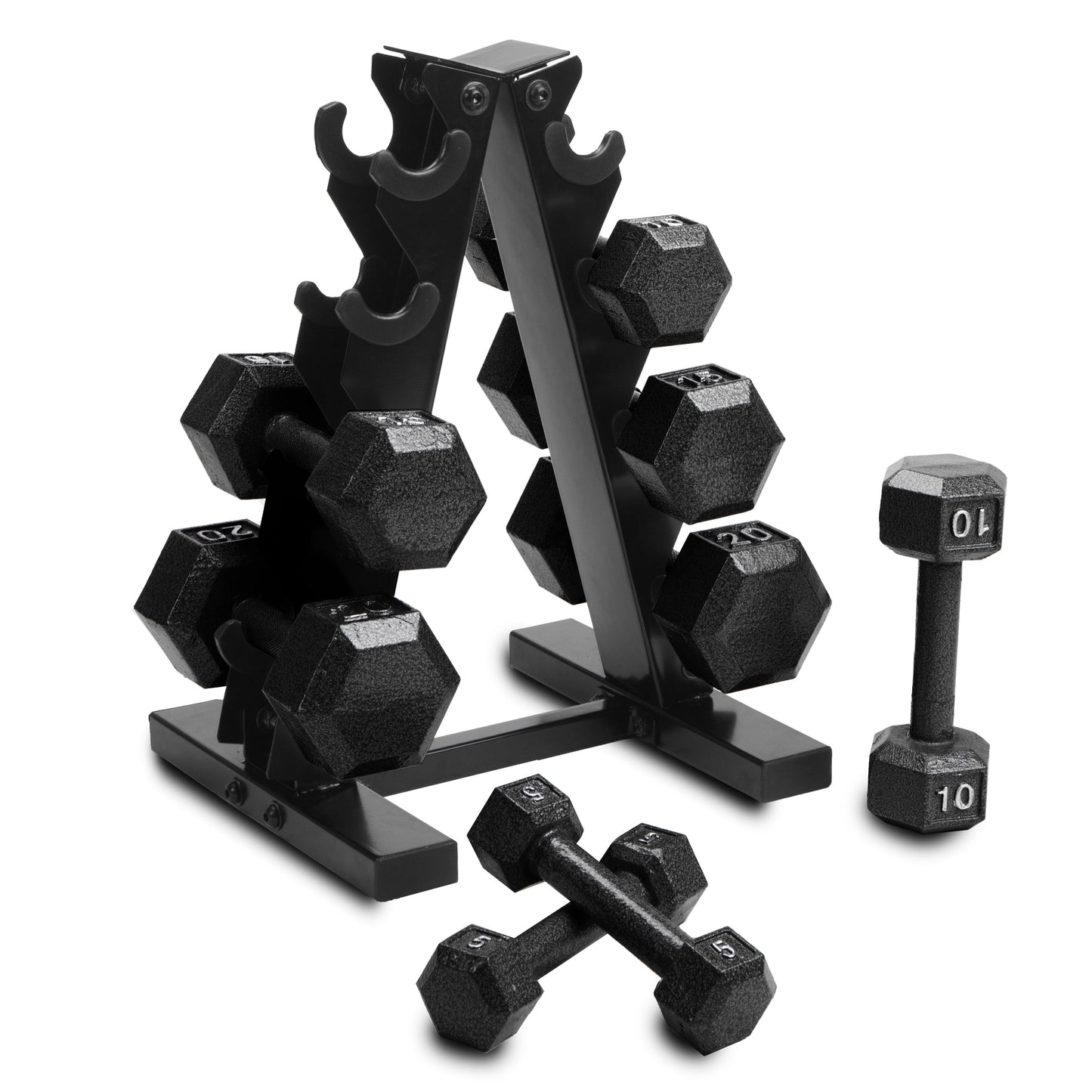 Barbell 100 Lb Cast Iron Hex Dumbbell Weight Set with Rack, Black