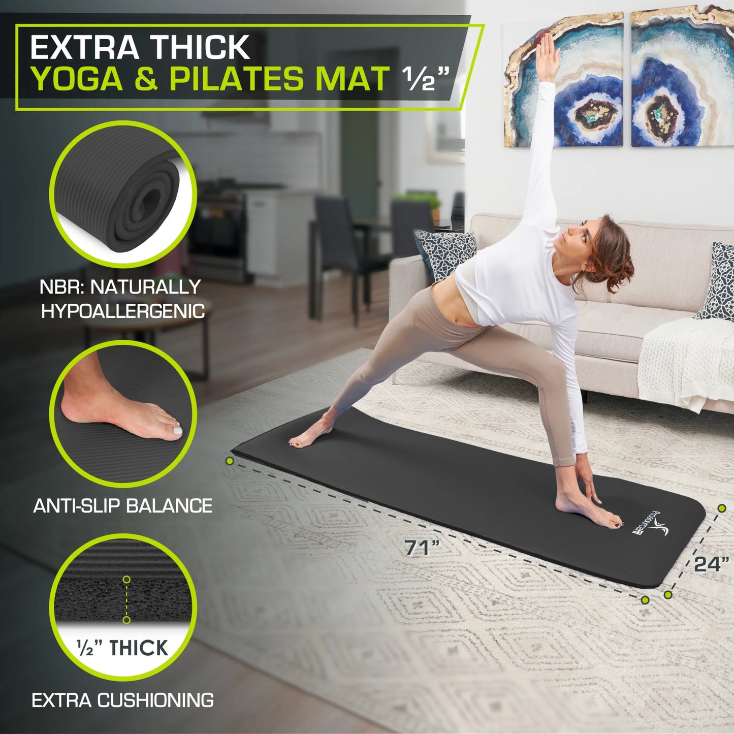 Extra Thick Yoga and Pilates Mat 1/2-Inch or 1-Inch Thick for Fitness