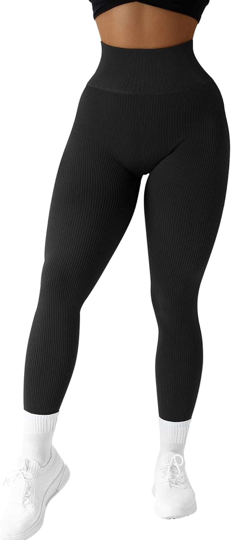 Ribbed Seamless Workout Leggings for Women High Waisted Tummy Control Gym Yoga Pants(M,718-Seamless Black)