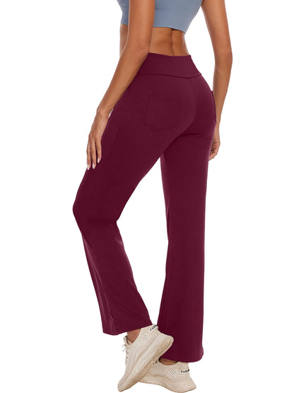 Women Bootcut Yoga Pants with Pockets Female High Waist Bootleg Trousers Workout Activewear Dark Red L