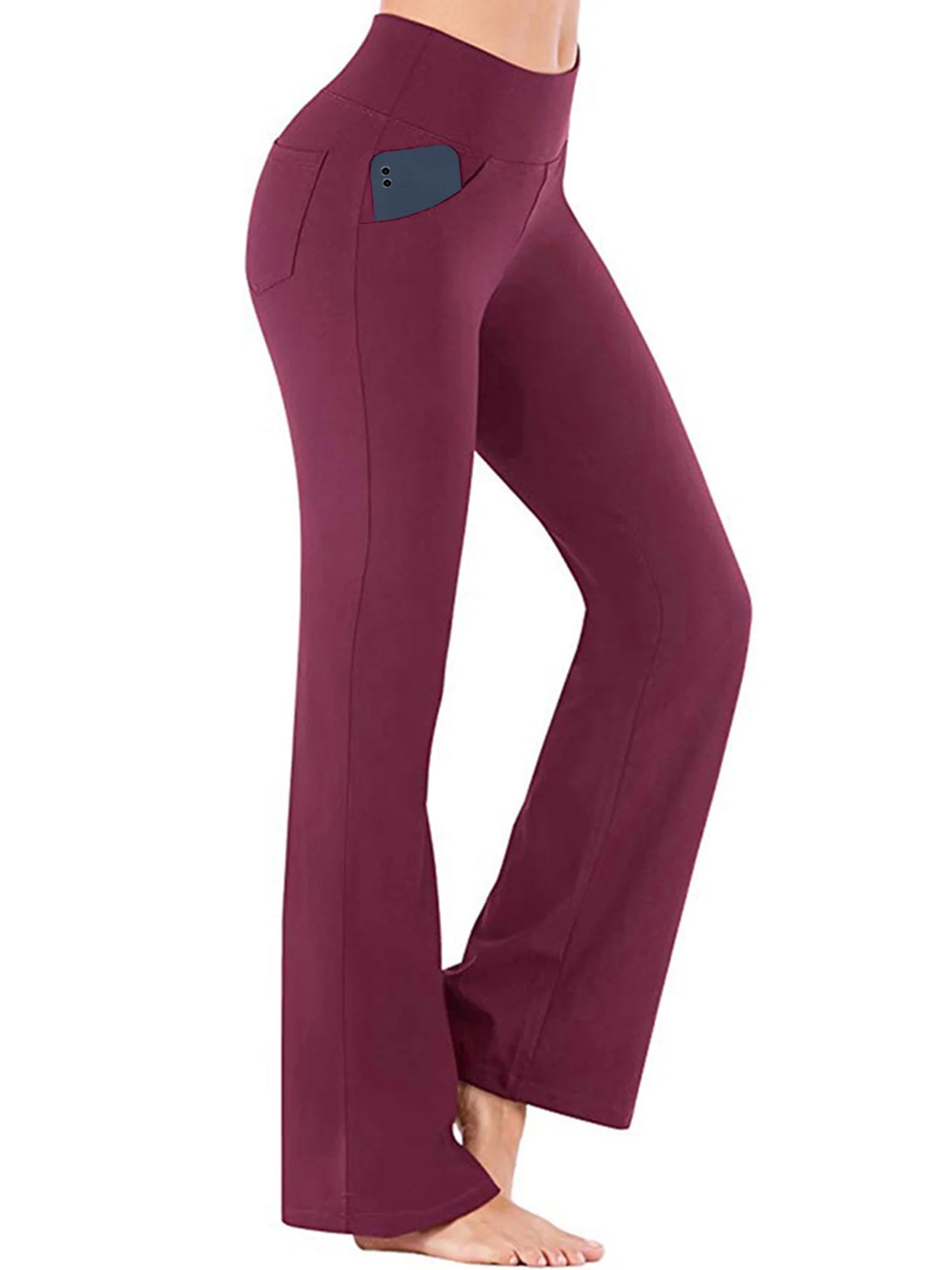 Women Bootcut Yoga Pants with Pockets Female High Waist Bootleg Trousers Workout Activewear Dark Red L