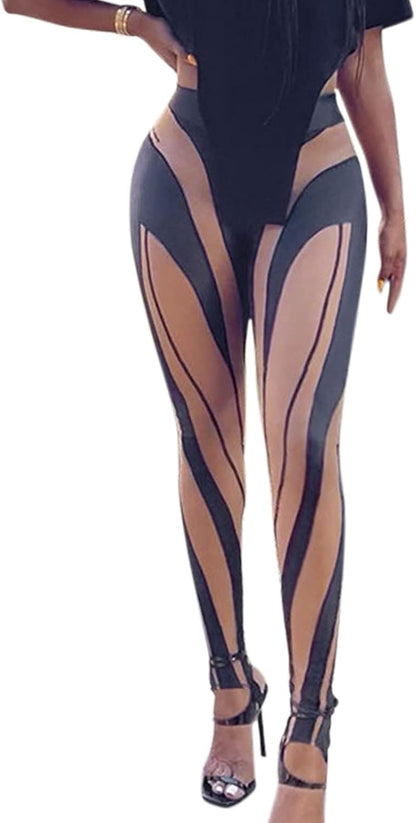 Women'S High Waist Foot Legging Stripe Patchwork Skinny Workout Gym Fitness Yoga Tights Pants Black