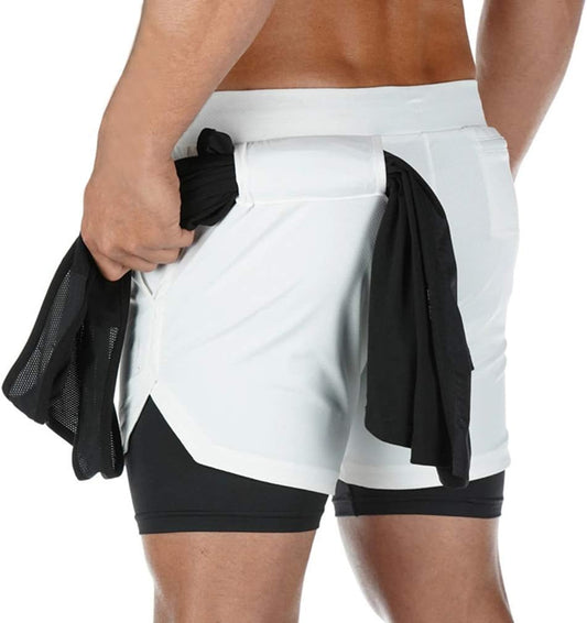 Men'S 2-In-1 Running Workout Shorts Gym Training Athletic Short Pants with Towel Loop