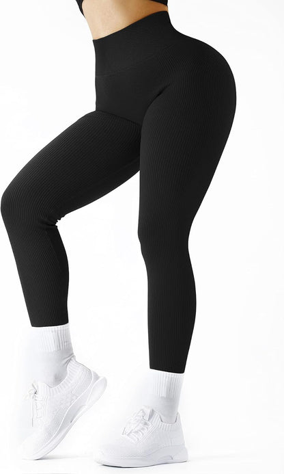 Ribbed Seamless Workout Leggings for Women High Waisted Tummy Control Gym Yoga Pants(M,718-Seamless Black)